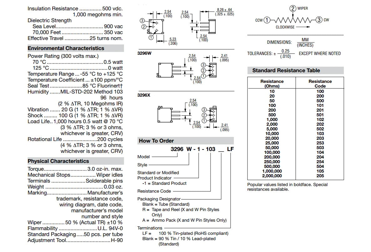 3296W Multiturn Variable Resistor Trimmer Potentiometer Kit 10 Value 20pcs