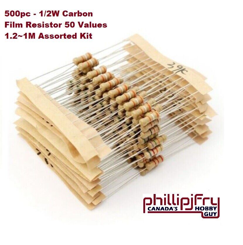 500pcs 1/2W 5% Carbon Film Resistor 50 Values 1.2~1M Assortment Kit