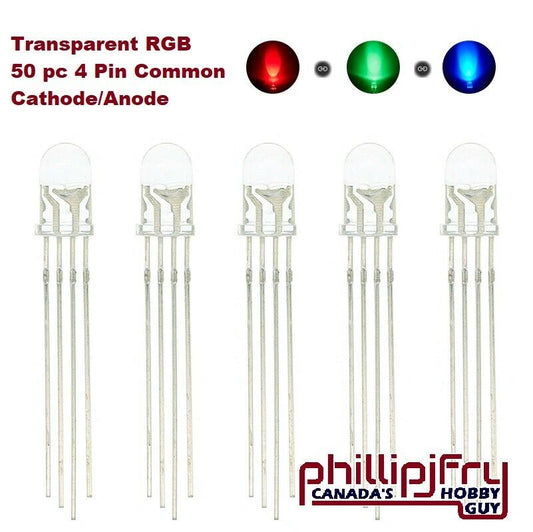 RGB Tri-Color  F5 5mm Transparent Common Cathode or Anode. (50 pack)